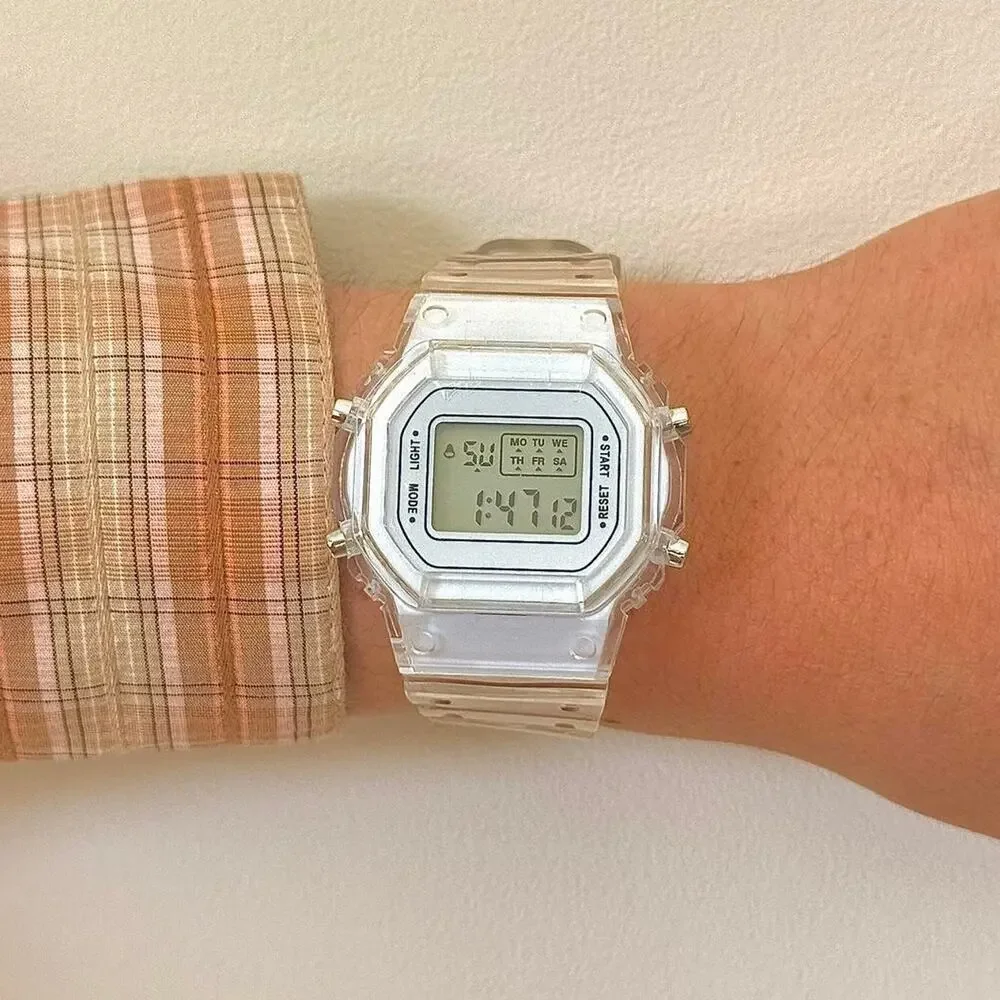 Clear Digital Watch White Accents Unisex Y2K Style Quartz New